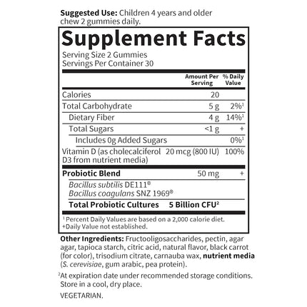 Garden of Life Dr Formulated 5 Billion CFU Prebiotic Fiber, Probiotic and Vitamin D3 Gummies for Kids Digestive & Immune Health – Gluten Free, Non GMO, No Added Sugars, Strawberry Flavor, 60 Gummies