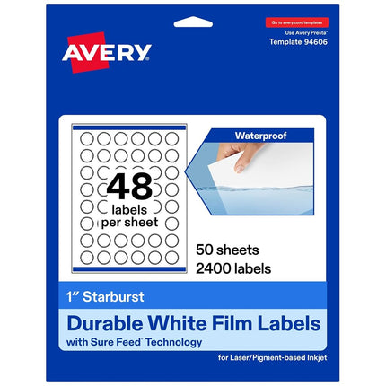 Étiquettes Étoiles Durables et Imperméables Avery avec Sure Feed, 2,5 cm, 2 400 Étiquettes Imperméables Résistantes à l'Huile et aux Déchirures, Impression Bord à Bord, Étiquettes Imprimables Laser/Jet d'Encre à Pigments
