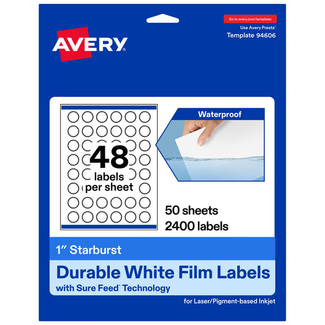 Avery Durable Waterproof Starburst Labels with Sur