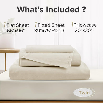 Comfort Spaces 100% Cotton Sheets Twin, Breathable & Ultra Soft Cotton Sheets, Naturally Cool Cotton Bed Sheets with 12" Elastic Pocket Fits up to 14" Mattress, All Seasons Sheet Set, Cream 3 Piece