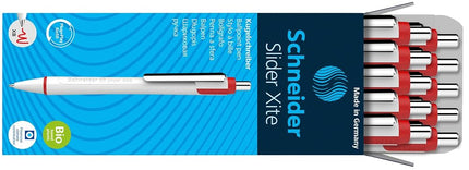 Schneider Slider Xite XB (Extra Broad) Ballpoint Pen, Refillable + Retractable, 1.4 mm, White Barrel w/Blue Accents, Red Ink, Box of 10 Pens (133202)