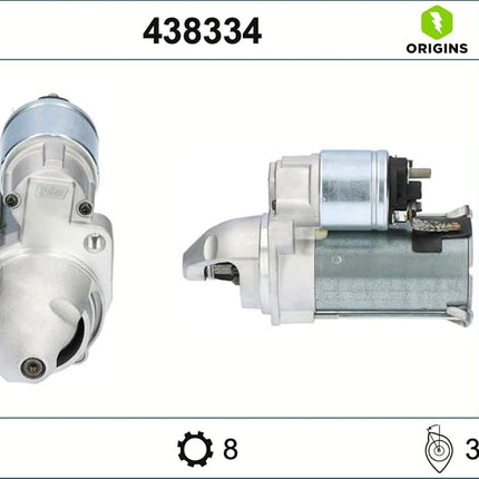 VALEO 438334 Starter Power: 1,4 kW Stop & Start: NO Number of teeth: 8 teeth Voltage: 12 V Rotation direction: CLOCKWISE
