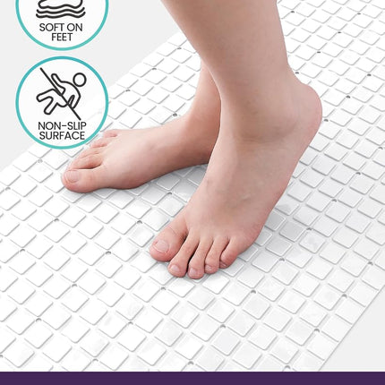DEXI Bath Tub Shower Mat Non-Slip 16 x 39 Extra Long Bathtub Mats, Suction Cups, Drain Holes, Machine Washable Bathroom Mat, White