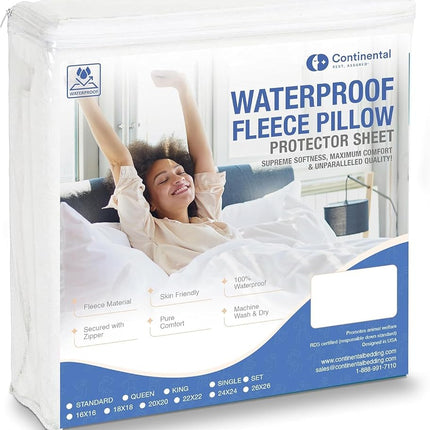 Continental Bedding Feather Proof, Waterproof and Down Proof Zippered Fleece Pillow Protectors Plush Comfort for Enhanced Sleep Quality King Size 20" x 36" Set of 2