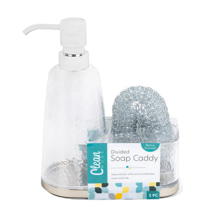 Caddy dividido para jabón Clean Mode, organizador de fregadero, incluye dispensador, soporte para esponja y estropajo de regalo