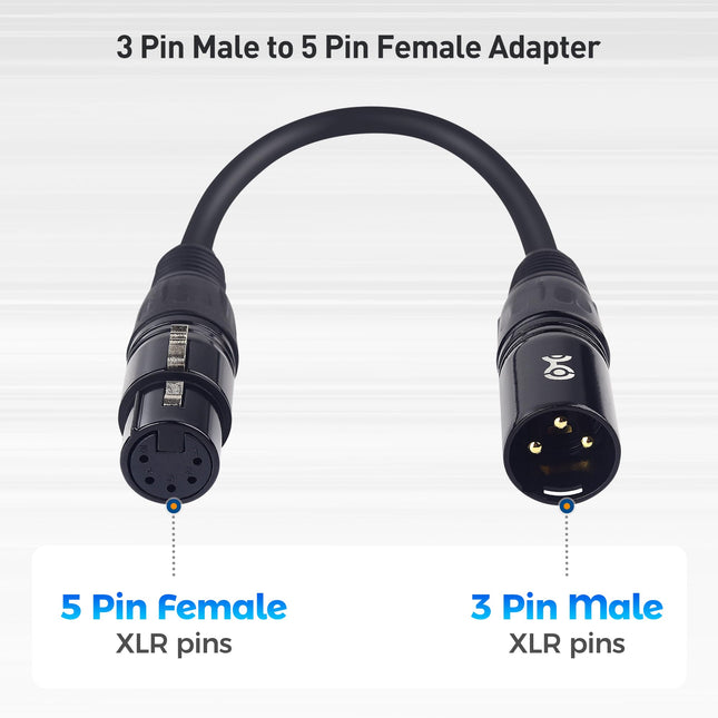 Cable Matters Paquete de 2 cables de iluminación DMX de 3 a 5 pines - 15 cm, cable adaptador XLR/DMX macho de 3 pines a hembra de 5 pines, negro