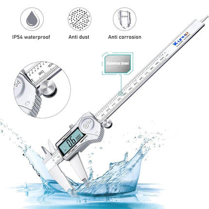 Kynup Digital Caliper, 200mm/8 Inch Caliper Measuring Tool with Stainless Steel, IP54 Splash Proof Protection Design, Easy Switch from Inch Metric Fraction, Large LCD Screen, 2 Extra Button Cells