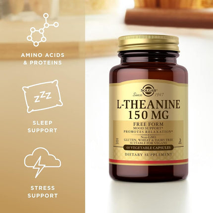 Solgar L-Theanine 150 mg Vegetable Capsules - Pack of 60 - Stress and Anxiety Support - Improve Mental Function - Vegan and Gluten Free, Gold