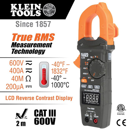 Digital Clamp Meter, Auto Ranging 400 AMP Measures Electronic AC/DC Voltage AC/DC Current Resistance and TRMS, Klein Tools CL390