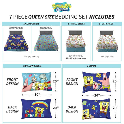 Spongebob Squarepants Kids Bedding Super Soft & Cozy Reversible Microfiber Comforter and Sheet Set with Sham, 7 Piece Queen Size, (Officially Licensed Product) by Franco
