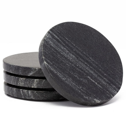 Thirstystone 4 Pack Natural Black Marble Round Coasters 4.5"" Diameter Elegant Heat Tolerant Easily Wipes Clean, NM920
