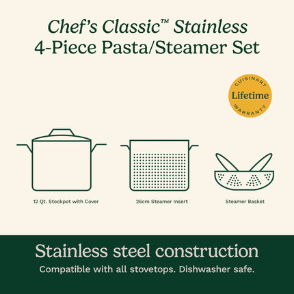 Cuisinart 77-412 Chef's Classic Acier inoxydable Ensemble 4 pièces pour pâtes/cuiseur vapeur 12 pintes, Acier inoxydable