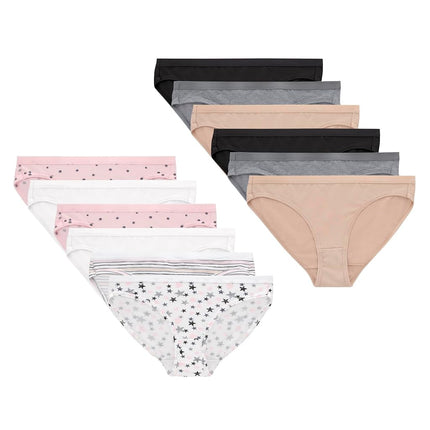 Culottes de bikini Hanes, en coton stretch pour filles, assorties, lot de 12, noir, nude, gris, blanc, imprimé à pois, imprimé à rayures, imprimé à étoiles, taille 14