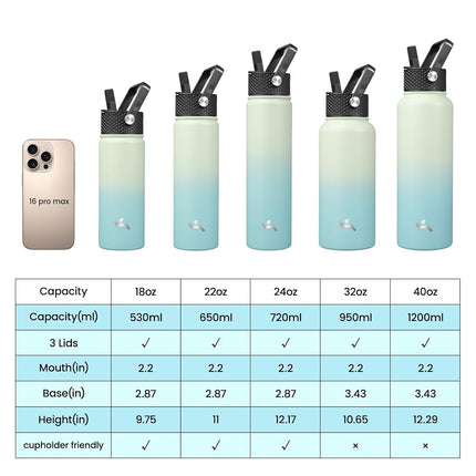 Konokyo Insulated Water Bottle with Straw,32oz 3 Lids Metal Bottles Stainless Steel Water Flask,Mint