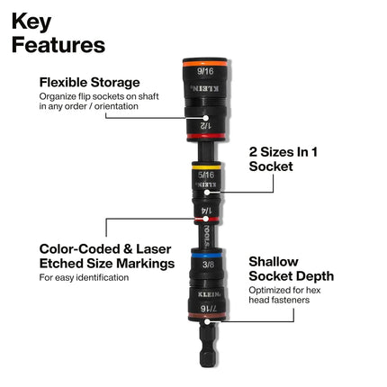 Klein Tools 32910RCHT Impact Driver, 7-in-1 SAE Impact Socket Set with Ratcheting Handle, Flip Socket with 6 Hex Driver Sizes Plus a 1/4-Inch Bit Holder