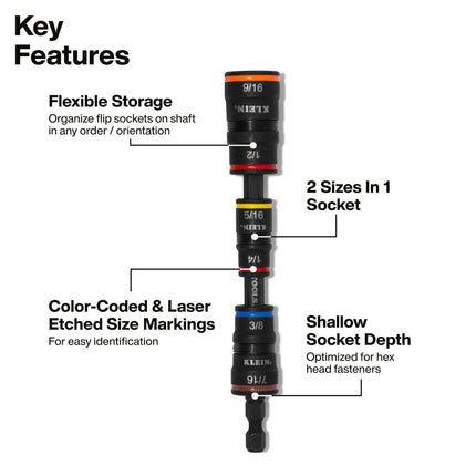 Klein Tools 32910RCHT Impact Driver, 7-in-1 SAE Impact Socket Set with Ratcheting Handle, Flip Socket with 6 Hex Driver Sizes Plus a 1/4-Inch Bit Holder