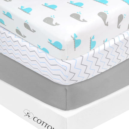 American Baby Company Sábana ajustable de punto de algodón 100 % de 4 piezas para colchones de minicuna Porta, zigzag azul/ballena aguamarina/gris/blanco, para niños y niñas