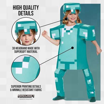 Disguise Official Deluxe Minecraft Costume Kids, Diamond Armour Minecraft Costume Fancy Dress Up Outfit, Halloween Birthday World Book Day Costumes for Boys Children Large