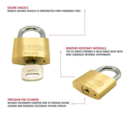ABUS 55/40 Solid Brass Keyed Padlock with 2 Keys, Hardened Steel Shackle with Anti Corrosion Inner Lock Components, Keyed Different