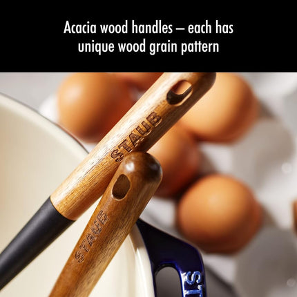 STAUB Multifunction Spatula Spoon, Great for Both Cooking and Serving Durable BPA-Free Matte Black Silicone, Acacia Wood Handles, Safe for Nonstick Cooking Surfaces