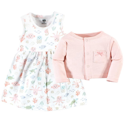 Hudson Baby Conjunto de vestido y cárdigan de algodón para bebés, Pastel Sea, 4T