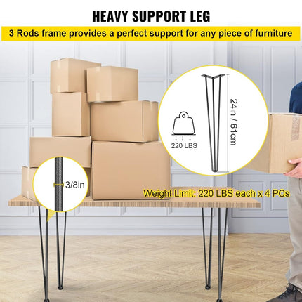 Happybuy Hairpin Table Legs 24" Black Set of 4 Desk Legs 880lbs Load Capacity (Each 220lbs) Hairpin Desk Legs 3 Rods for Bench Desk Dining End Table Chairs Carbon Steel DIY Heavy Duty Furniture Legs