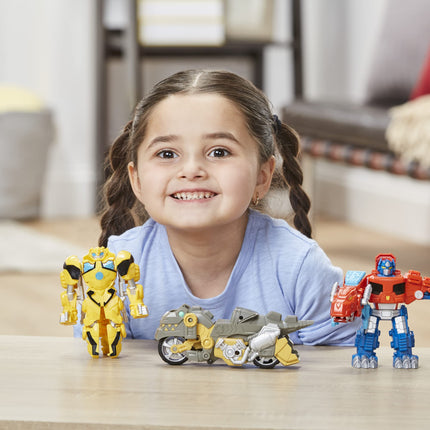 Transformers Playskool Primal Team-Up Pack de 3 con figuras convertibles de dinosaurios Optimus Prime, Bumblebee y Grimlock, juguetes de 11,4 cm, para niños de 3 años en adelante (Exclusivo de Amazon)