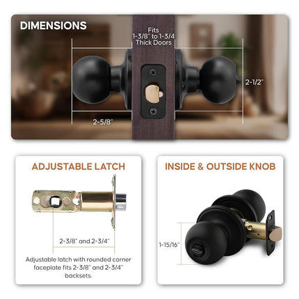 Copper Creek Matte Black Door Knobs - Round Colonial with Privacy Locking Function for Home Improvement - Interior Door Knobs Fits All Standard - Locking Door Knob for Bedroom & Bathroom - 3 Pack