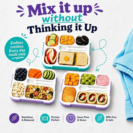 kinsho Bento Lunch Box Kids & Adult: Leakproof Lunch Containers for Boys & Girls with 6 Compartments - School, Daycare, Meal Planning Portion Control Container, BPA-Free Boxes, Utensils | Purple Teal