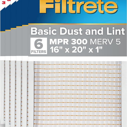 Filtrete 16x20x1 AC Furnace Air Filter, MERV 5, MPR 300, Capture Unwanted Particles, 3-Month Pleated 1-Inch Electrostatic Air Cleaning Filter, 6-Pack (Actual Size15.69x19.69x0.81 in)