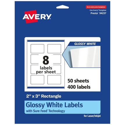 Etiquetas rectangulares Avery con Sure Feed, 5 x 7.6 cm, 400 etiquetas blancas brillantes (36463)