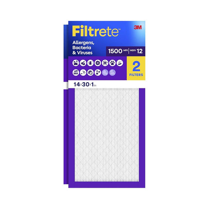 Filtrete 14x30x1 AC Furnace Air Filter, MERV 12, MPR 1500, Certified Asthma & Allergy Friendly, 3 Month Pleated 1-Inch Electrostatic Air Cleaning Filter, 2-Pack (Actual Size 13.81x29.81x0.78 in)