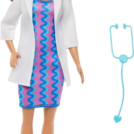 Barbie Careers Doctor Fashion Doll Wearing Removable Look with White Coat, Dress & Shoes, Plus Stethoscope Accessory, JKF76