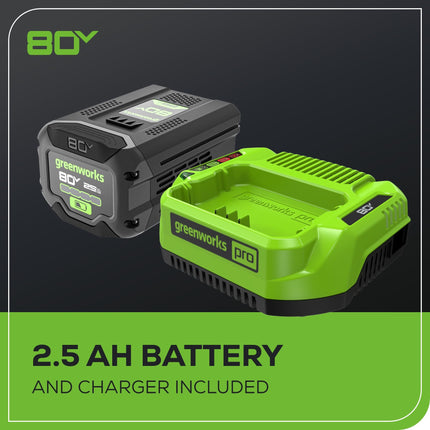 Motosierra inalámbrica sin escobillas Greenworks 80V de 16" (ideal para talar árboles, desramar, podar y cortar leña), más de 75 herramientas compatibles, batería de 2.5Ah y cargador incluidos