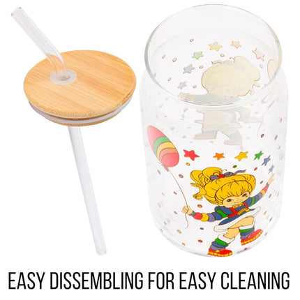 Silver Buffalo Rainbow Brite Balloon Stars Glass Jar Tumbler with Bamboo Lid and Glass Straw, 16 Ounces