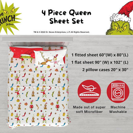 Franco Collectibles Dr. Seuss The Grinch Holiday & Christmas Bedding Super Soft Microfiber 4 Piece Queen Sheet Set, (Officially Licensed Product)