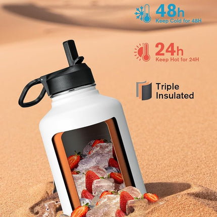 Coolflask Half Gallon Water Bottle Insulated with Straw & 3 Lids, 2 L Water Jug Large Metal Stainless Steel Wide Mouth for Sports, Gym or Office, Non-BPA Keep Cold 48H Hot 24H, White