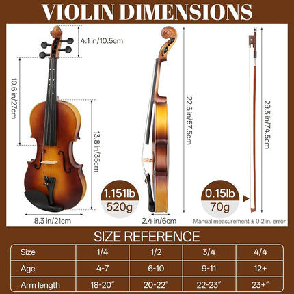 Kmise Violin 4/4 Full Set, Fingerboard Fret Markings Violins, Matte Acoustic Fiddle for Adults, Beginners, Students with Violin Case, Rosin, Strings, Bow, Shoulder Rest, Beginner's Guide (Matte, 4/4)