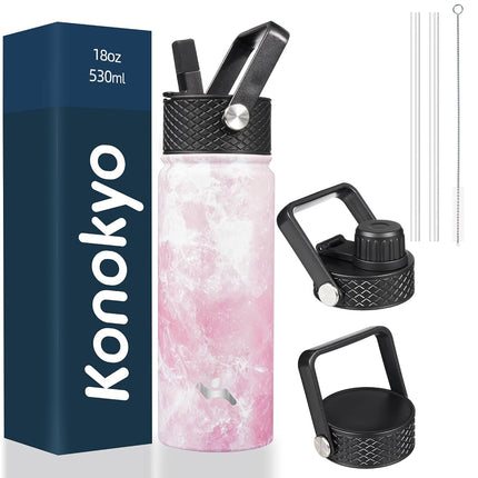 Konokyo Insulated Water Bottle with Straw,18oz 3 Lids Metal Bottles Stainless Steel Water Flask,Marble Blossom