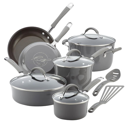 Rachael Ray - 16802 Juego de ollas y sartenes antiadherentes Rachael Ray Cucina, 12 piezas, Gris Sal Marina