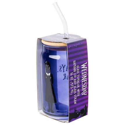 Silver Buffalo Wednesday We Wear Black 16oz Glass Tumbler w Bamboo Lid and Glass Straw