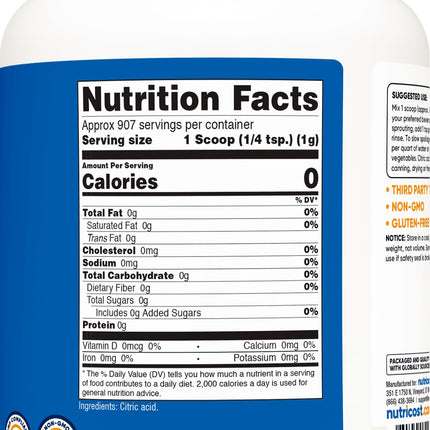 Nutricost Ácido Cítrico en Polvo (3 lb) - Sin OGM, Sin Gluten