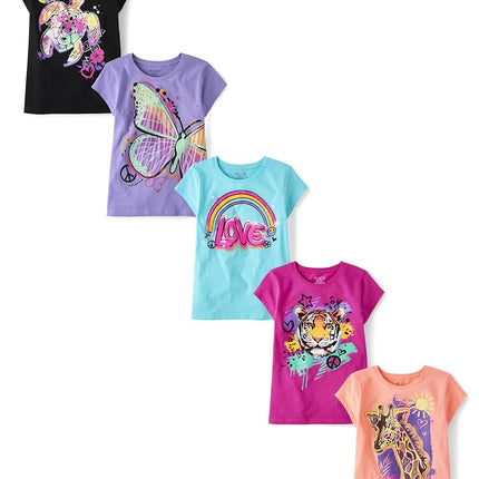 The Children's Place Boys' 5-Pack Short Sleeve Graphic T-Shirt, Love Rainbow/Butterfly/Sea Turtle/Tiger Doodle/Giraffe, Large