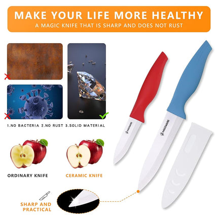 Magiware 6-Piece Ceramic Paring Knife Set with Sheaths - Sharp and Healthy (5in Utility, 4in Fruit, 3in Paring Knife) - Red