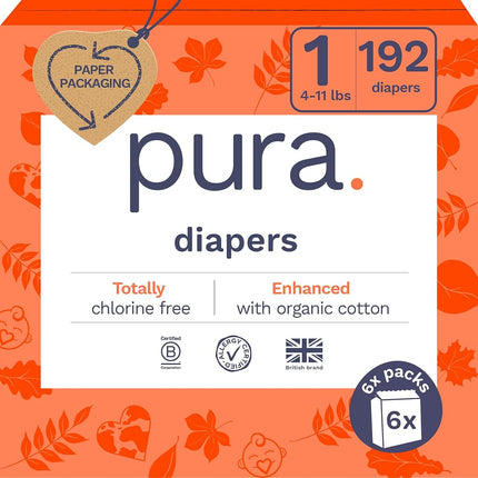 Pañales ecológicos Pura Talla 1 (1.8-5 kg) Hipoalergénicos, Suaves y Cómodos de Algodón Orgánico, Sostenibles, Indicador de Humedad, Allergy UK, Recién Nacido, Compra a granel, 6 Paquetes de 32 (192 pañales para bebé)