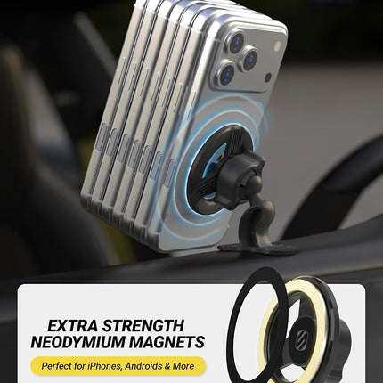 Scosche MagSafe Car Mount, Magnetic Dashboard Phone Holder for Car with 3M Adhesive Base, Strong Magnets, 360° Rotatable Cell Phone Car Mount for iPhone 17/16/15/14/13/12, Includes Magnetic Ring