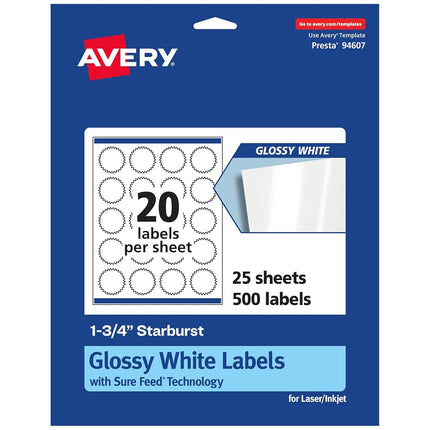 Avery Glossy White Starburst Labels with Sure Feed, 1.75", 500 Glossy White Labels, Print-to-The-Edge, Permanent Label Adhesive, Laser/Inkjet Printable Labels