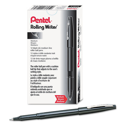 Pentel Rolling Writer Pen, 0.8 Millimeter Cushion Ball Tip, Black Ink, 12 pens (R100-A)