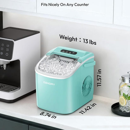 EUHOMY Countertop Ice Maker Machine with Handle, 26lbs Per Day, 9 Ice Cubes Ready in 6 Mins, Auto-Cleaning Portable Ice Maker with Basket and Scoop, for Home/Kitchen/Camping/RV (Green)
