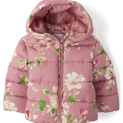 Chaqueta Puffer de Peso Medio Resistente al Viento y al Agua para Bebé Niña y Niña Pequeña The Children's Place, Estampado Floral Malva, Estampado Floral Malva, Talla 2T